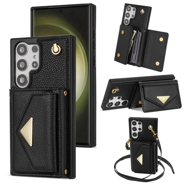 Dteck for Samsung Galaxy S23 Ultra Wallet Case with Crossbody Lanyard, PU Leather Card Holder Purse Shockproof Phone Cover for Samsung Galaxy S23 Ultra,Black