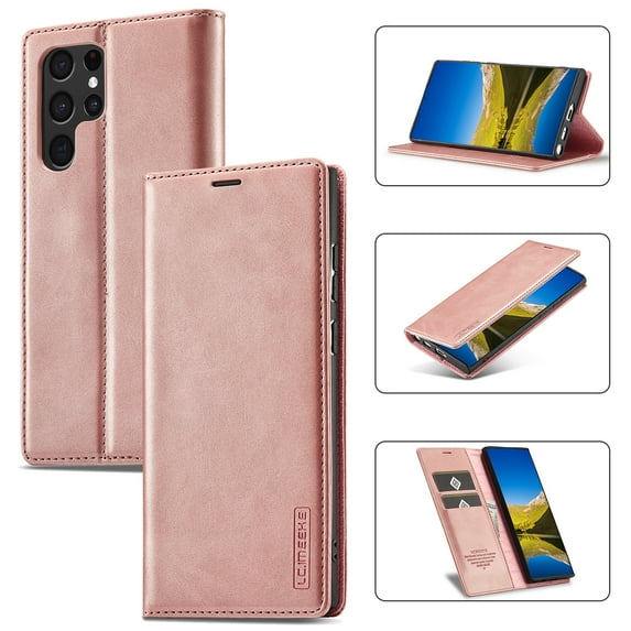 Dteck for Samsung Galaxy S23 Ultra Wallet Case,Premium Leather Flip Wallet Case with Card Slots Kickstand Magnetic Buckle Shockproof Protective Cover, Rosegold