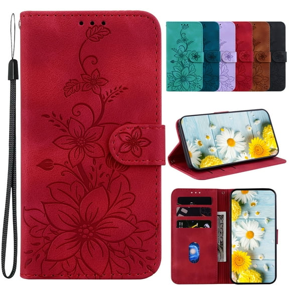 Dteck for Samsung Galaxy S23 Ultra Wallet Case,Premium PU Leather Embossed Pattern Folio Flip Case with Card Holders Wrist Strap Kickstand,Folio Purse Cover for Samsung Galaxy S23 Ultra,Red Lily