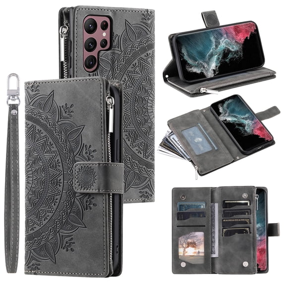 Dteck for Samsung Galaxy S23 Ultra Wallet case,Crossbody Shoulder Strap PU Leather Pattern Embossed Purse Kickstand Flip Cover Card Holders Hand Strap Lanyard Neck Strap Case, Gray