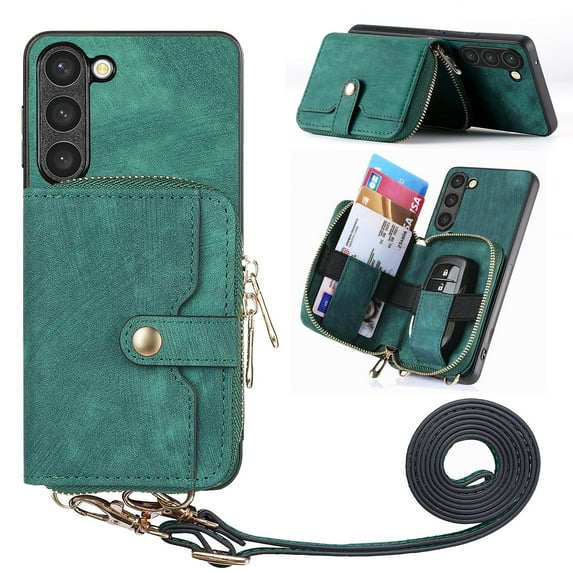 Dteck for Samsung Galaxy S23 Wallet Case with Card Holder, Phone Case with Crossbody Strap for Women Men, Handbag Purse Zipper Leather Cover for Samsung Galaxy S23,Green