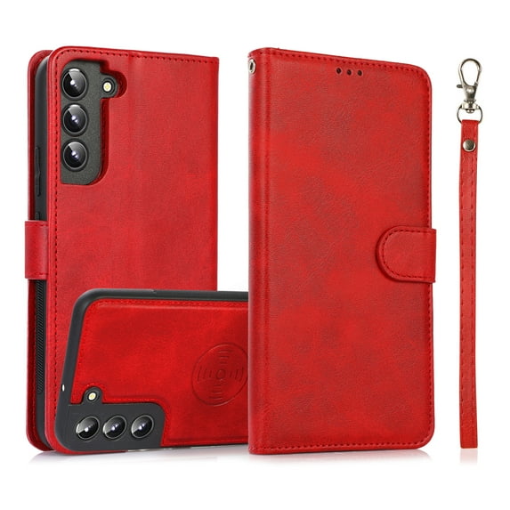 Dteck for Samsung Galaxy S23 Wallet Case with Wrist Strap, 2 IN 1 Premium PU Leather Magnetic Kickstand Shockproof Removable Flip Protective Cover for Samsung S23 5G 6.1 Inch,Red