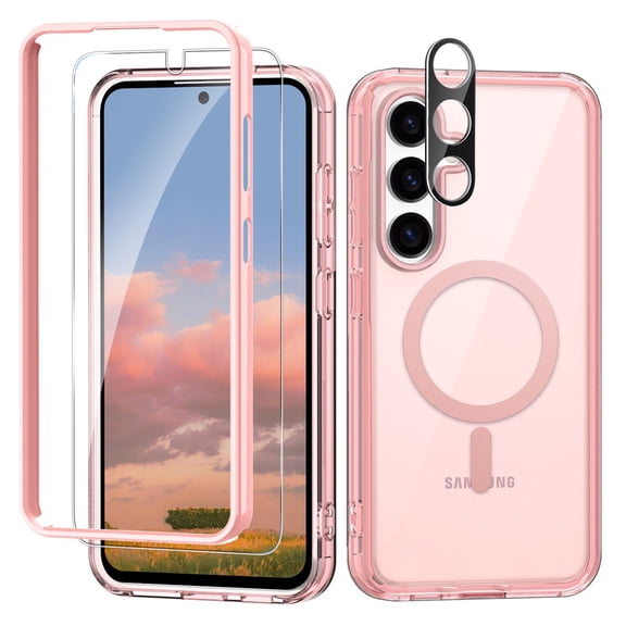 Dteck for Samsung Galaxy S24 Case Clear, Anti-Yellowing S24 Case with Tempered Glass Screen Protector+ Camera Lens Protector, Magnetic Phone Case for Galaxy S24,Pink