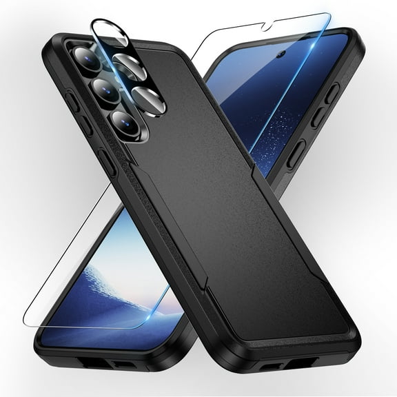Dteck for Samsung Galaxy S24 Case, Full Body Heavy Duty Rugged Shockproof Protective Phone Cover with Tempered Glass Screen Protector and Camera Lens Cover,Black