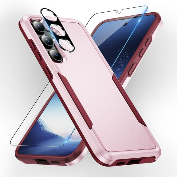 Dteck for Samsung Galaxy S24 Case, Full Body Heavy Duty Rugged Shockproof Protective Phone Cover with Tempered Glass Screen Protector and Camera Lens Cover,Pink+Rose