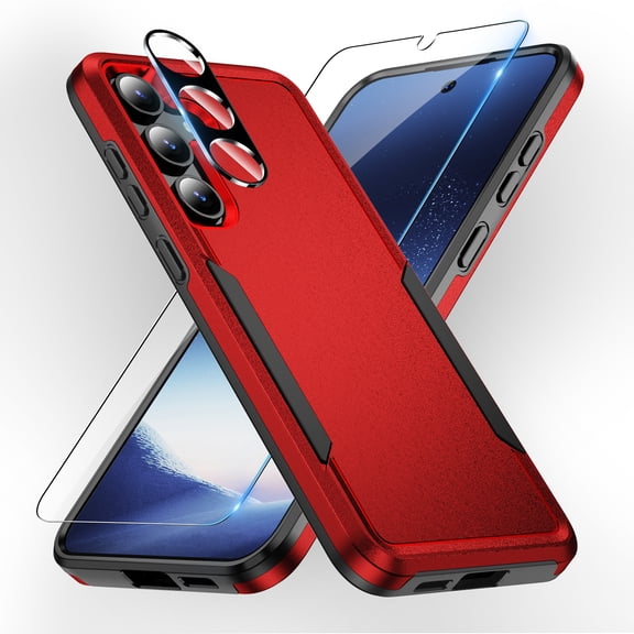 Dteck for Samsung Galaxy S24 Case, Full Body Heavy Duty Rugged Shockproof Protective Phone Cover with Tempered Glass Screen Protector and Camera Lens Cover,Red+Black