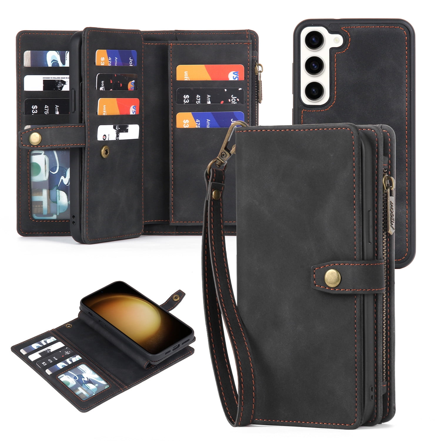 Dteck for Samsung Galaxy S24 Case, Samsung S24 Case Wallet for Women Men, Durable PU Leather Magnetic Flip Lanyard Strap Wristlet Zipper Card Holder Phone Cases for Galaxy S24 5G,Black