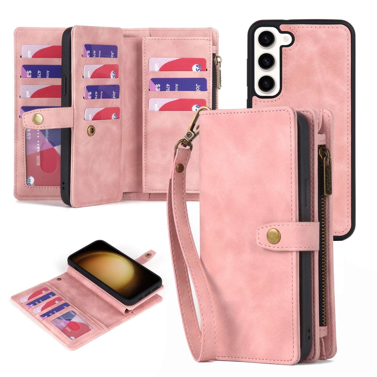 Dteck for Samsung Galaxy S24 Case, Samsung S24 Case Wallet for Women Men, Durable PU Leather Magnetic Flip Lanyard Strap Wristlet Zipper Card Holder Phone Cases for Galaxy S24 5G,Pink