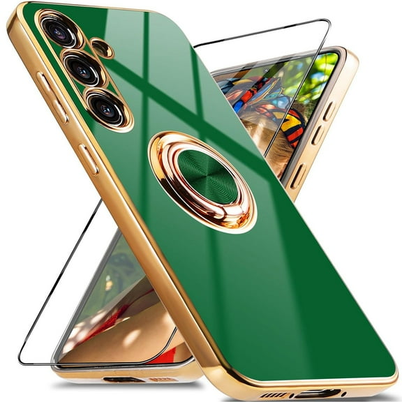 Dteck for Samsung Galaxy S24 Case with Screen Protector, Built-in 360° Rotation Ring Holder Magnetic Stand, Luxury Shiny Plating Edge Shockproof Electroplated Protective Cover,Green