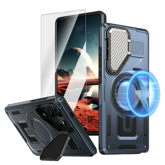 Dteck for Samsung Galaxy S24 Case with Screen Protector, Shockproof Magnetic Multi-Layer Military Lens Stand Heavy Duty Full Body Rugged Hard Shell, Navyblue