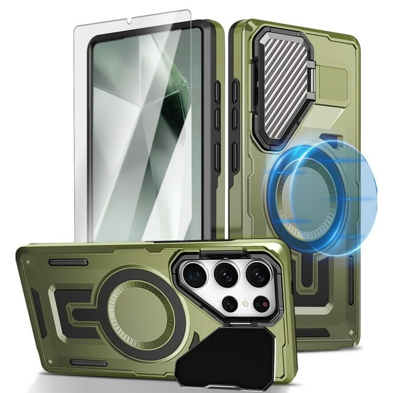 Dteck for Samsung Galaxy S24 Case with Screen Protector, Shockproof Magnetic Multi-Layer Military Lens Stand Heavy Duty Full Body Rugged Hard Shell, Olivegreen