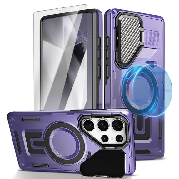 Dteck for Samsung Galaxy S24 Case with Screen Protector, Shockproof Magnetic Multi-Layer Military Lens Stand Heavy Duty Full Body Rugged Hard Shell, Purple