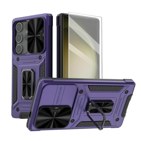 Dteck for Samsung Galaxy S24 Case with Slide Camera Cover+Screen Protector (1 Pack), Rotated Ring Kickstand Military Grade Shockproof Protective Cover,Purple