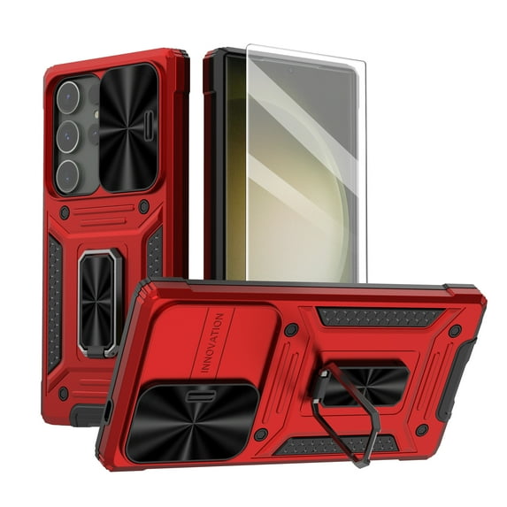 Dteck for Samsung Galaxy S24 Case with Slide Camera Cover+Screen Protector (1 Pack), Rotated Ring Kickstand Military Grade Shockproof Protective Cover,Red