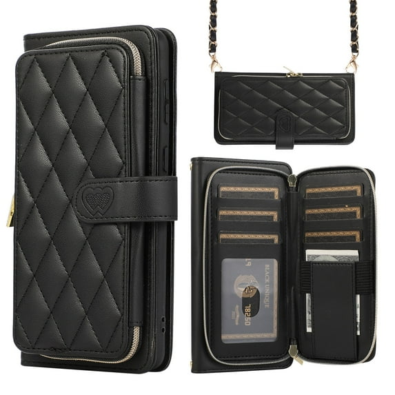 Dteck for Samsung Galaxy S24 Case Wallet Multi Zipper Purse with Card Holder Slots, Samsung S24 5G Flip Folio Case with Crossbody Wrist Strap for Women,Black