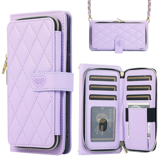 Dteck for Samsung Galaxy S24 Case Wallet Multi Zipper Purse with Card Holder Slots, Samsung S24 5G Flip Folio Case with Crossbody Wrist Strap for Women,Light Purple