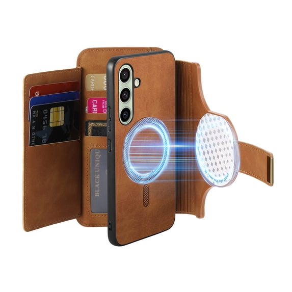 Dteck for Samsung Galaxy S24 FE 5G Wallet Case with Card Holder, RFID Blocking PU Leather Flip Cover Ring Holder Zipper Credit Card Slots, 2 in 1 Detachable Phone Case Compatible with MagSafe,Brown