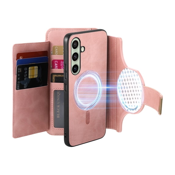 Dteck for Samsung Galaxy S24 FE 5G Wallet Case with Card Holder, RFID Blocking PU Leather Flip Cover Ring Holder Zipper Credit Card Slots, 2 in 1 Detachable Phone Case Compatible with MagSafe,Pink