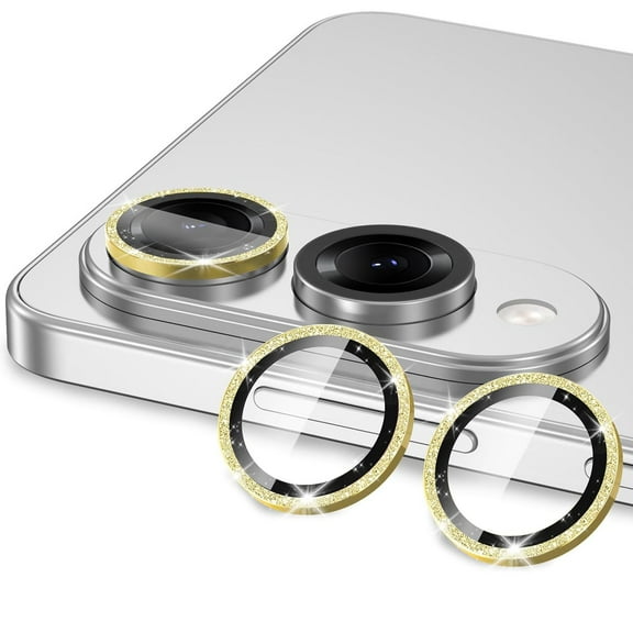 Dteck for Samsung Galaxy S24 FE Camera Lens Protector, Glitter Bling Individual Metal Ring Tempered Glass Lens Slim Cover, Strong Adsorption Scratch Resistant Ultra-Thin HD Clear Lens Cover, Gold