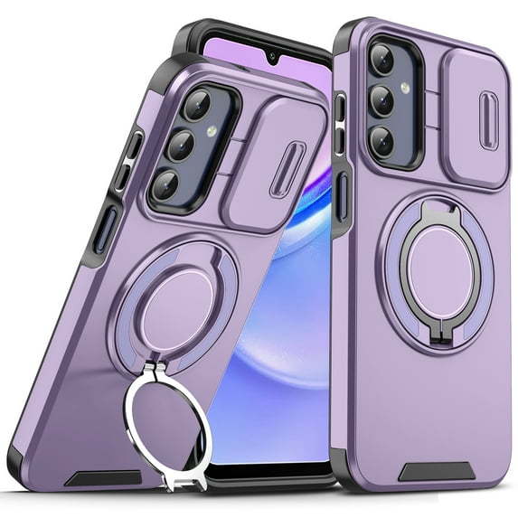 Dteck for Samsung Galaxy S24 FE Case with Camera Cover Sliding, Compatible with MagSafe Wireless Charing & Magnetic Car Mount, Rotating Kickstand Shockproof Cover Rugged Case for Galaxy S24 FE,Purple