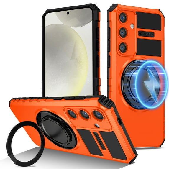 Dteck for Samsung Galaxy S24 FE Case with Rotating Ring Stand, Compatible with MagSafe, Heavy Duty Magnetic Phone Case for Samsung Galaxy S24 FE 5G 6.7",Orange