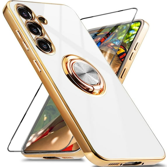 Dteck for Samsung Galaxy S24 FE Case with Screen Protector, Built-in 360° Rotation Ring Holder Magnetic Stand, Luxury Shiny Plating Edge Shockproof Electroplated Protective Cover,White