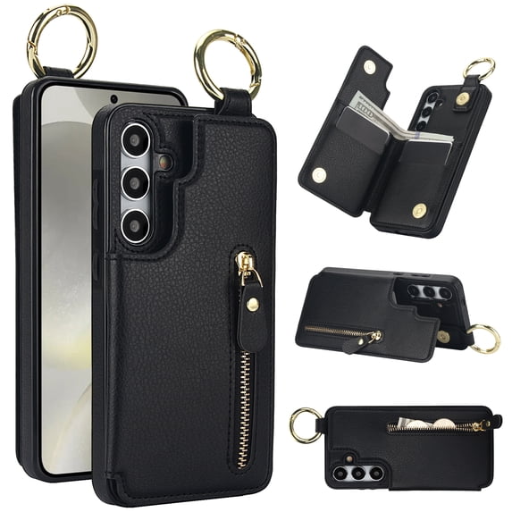 Dteck for Samsung Galaxy S24 FE Case Wallet with Card Holder, PU Leather Zipper Pocket Card Slots Front Cover Flip Kickstand Shockproof Phone Case for Galaxy S24 FE 5G,Black
