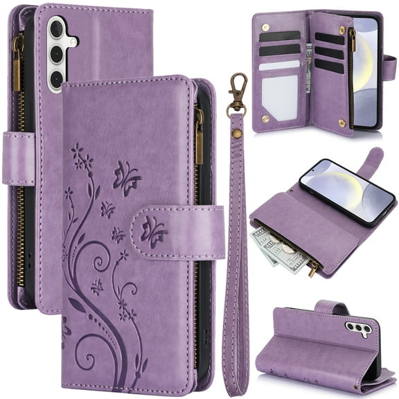 Dteck for Samsung Galaxy S24 FE Wallet Case, Embossed Butterfly PU Leather Phone Case Women Men Flip Cover Wrist Strap Zipper Credit Card Holder Slots for Samsung S24 FE 5G,Purple