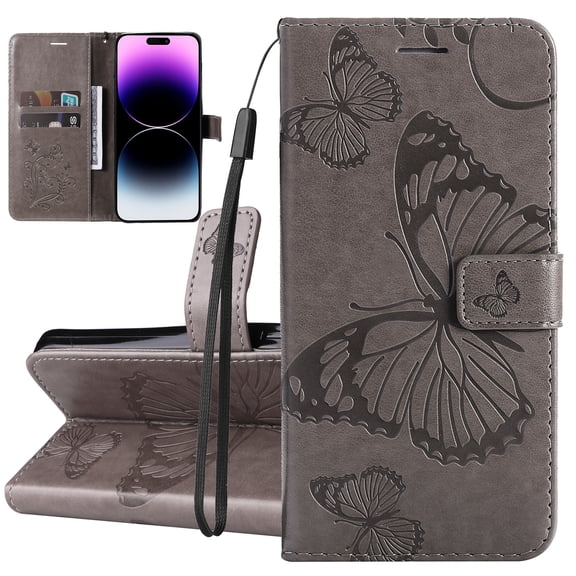Dteck for Samsung Galaxy S24 Phone Case Wallet with Wrist Strap, Embossed Butterfly Flip Folio PU Leather Protective Case for Samsung Galaxy S24 5G,Gray