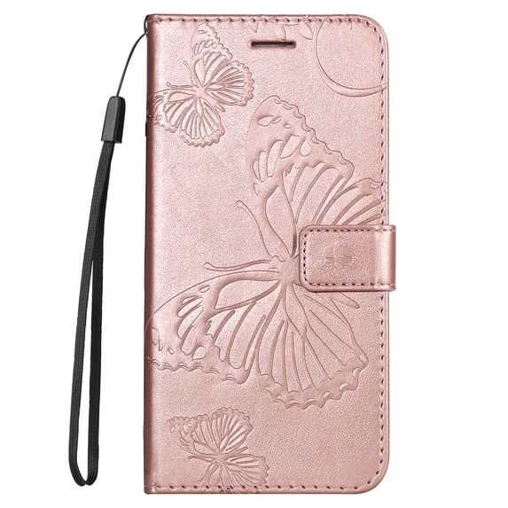 Dteck for Samsung Galaxy S24 Phone Case Wallet with Wrist Strap, Embossed Butterfly Flip Folio PU Leather Protective Case for Samsung Galaxy S24 5G,Rosegold