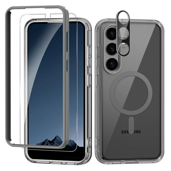 Dteck for Samsung Galaxy S24 Plus Case Clear, Anti-Yellowing S24 Plus Case with Tempered Glass Screen Protector+ Camera Lens Protector, Magnetic Phone Case for Galaxy S24 Plus/S24+,Grey