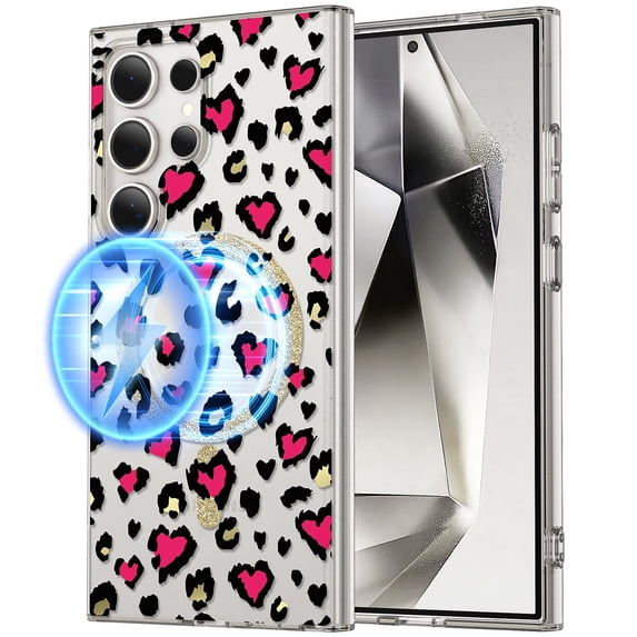 Dteck for Samsung Galaxy S24 Plus Case Cute Leopard Pattern Clear for Women Girls, S24+ Magnetic Case Compatible with MagSafe,Transparent Phone Case Cheetah Print Design for Samsung S24 Plus,Rose