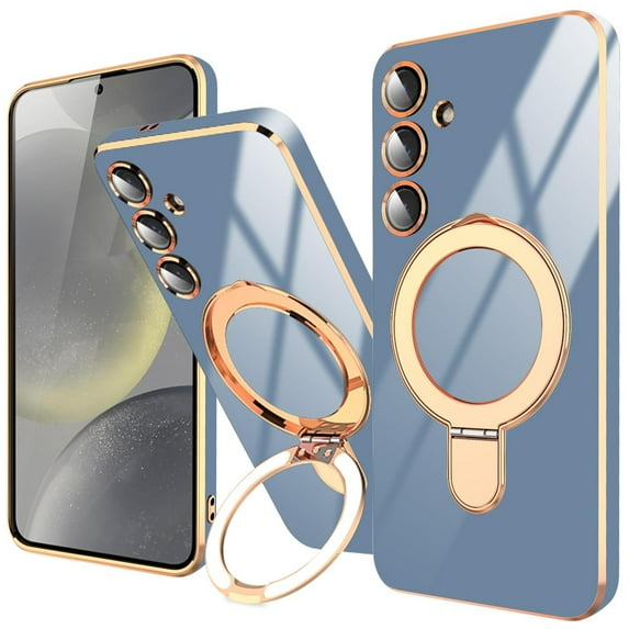 Dteck for Samsung Galaxy S24 Plus Case with Magnetic Ring Stand, Compatible with MagSafe, Full Camera Lens Protection, Luxury Plating Slim Cover Samsung S24 Plus Phone Cases for Women Men,Blue