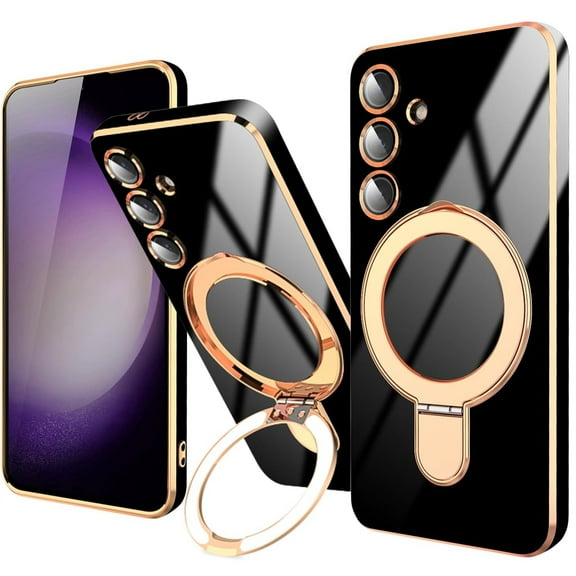 Dteck for Samsung Galaxy S24 Plus Case with Magnetic Ring Stand, Compatible with MagSafe, Full Camera Lens Protection, Luxury Plating Slim Cover Samsung S24 Plus Phone Cases for Women Men,Black