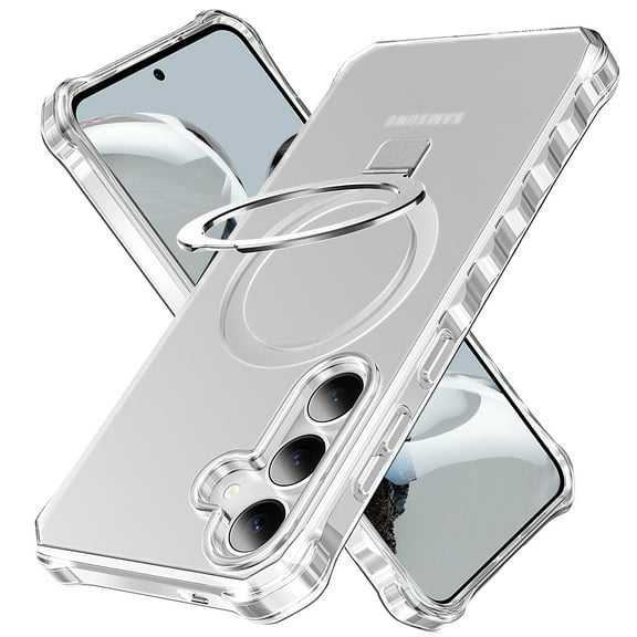 Dteck for Samsung Galaxy S24 Plus Case with Rotating Magnetic Stand, Compatible with MagSafe, Military-Grade Drop Protection Frosted Translucent Phone Cover for Samsung Galaxy S24+, Clear