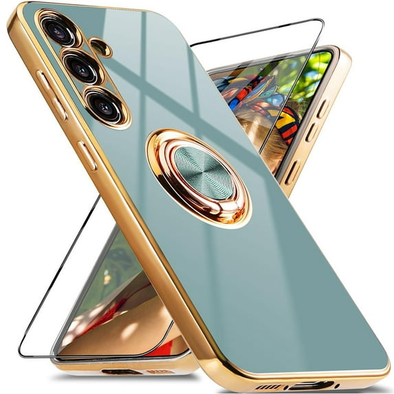 Dteck for Samsung Galaxy S24 Plus Case with Screen Protector, Built-in 360° Rotation Ring Holder Magnetic Stand, Luxury Shiny Plating Edge Shockproof Electroplated Protective Cover,Gray