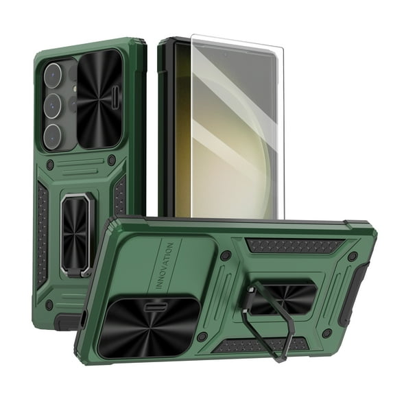 Dteck for Samsung Galaxy S24+ Plus Case with Slide Camera Cover+Screen Protector (1 Pack), Rotated Ring Kickstand Military Grade Shockproof Protective Cover for Samsung Galaxy S24 Plus,Green