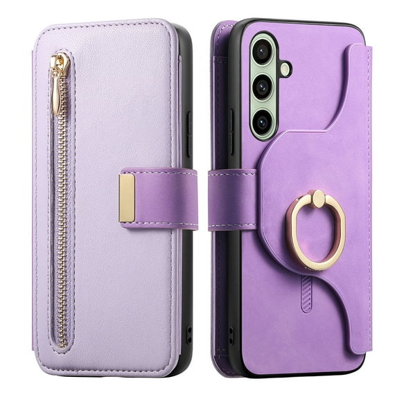 Dteck for Samsung Galaxy S24+ Plus Wallet Case with Card Holder, RFID Blocking PU Leather Flip Cover Ring Holder Zipper Credit Card Slots Detachable Phone Case Compatible with MagSafe 6.7",Purple