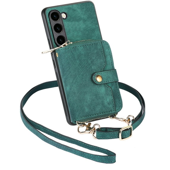 Dteck for Samsung Galaxy S24 Plus Wallet Case Crossbody for Women Men, Samsung S24 Plus Zipper Phone Case with Card Holder Wrist Strap Purse Gift for Samsung Galaxy S24 Plus / S24+,Green