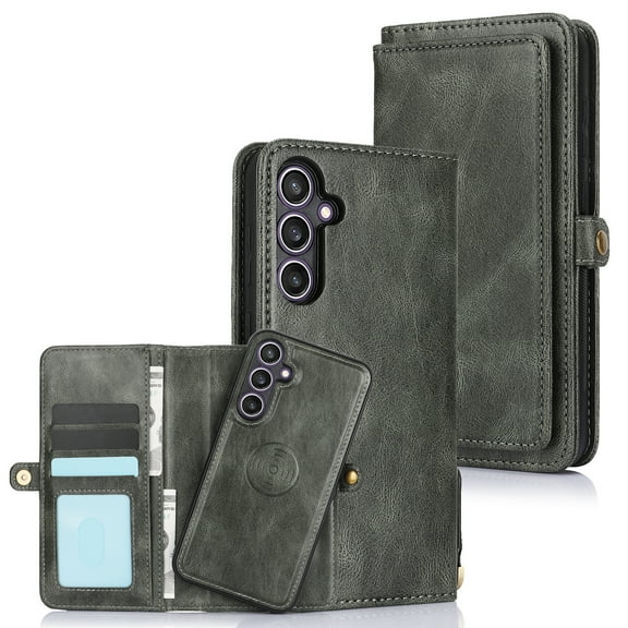 Dteck for Samsung Galaxy S24 Plus Wallet Leather Case Detachable Magnetic Flip Case 7 Card Slots Holder Wrist Strap Handle Shockproof Cover Pocket Wallet Handbag for S24 Plus,Darkgreen