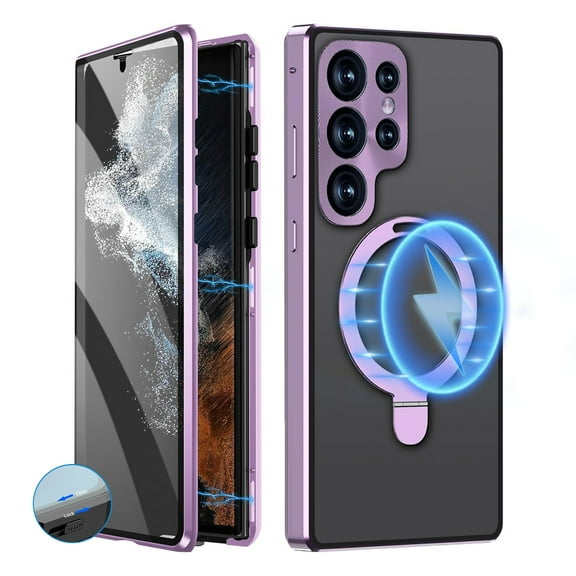 Dteck for Samsung Galaxy S24 Ultra Case with Built-in Screen Protector, Magnetic Adsorption Metal Bumper with Safety Lock 360 Full Body Shockproof Mag Safe Stand Glass Cover,Purple