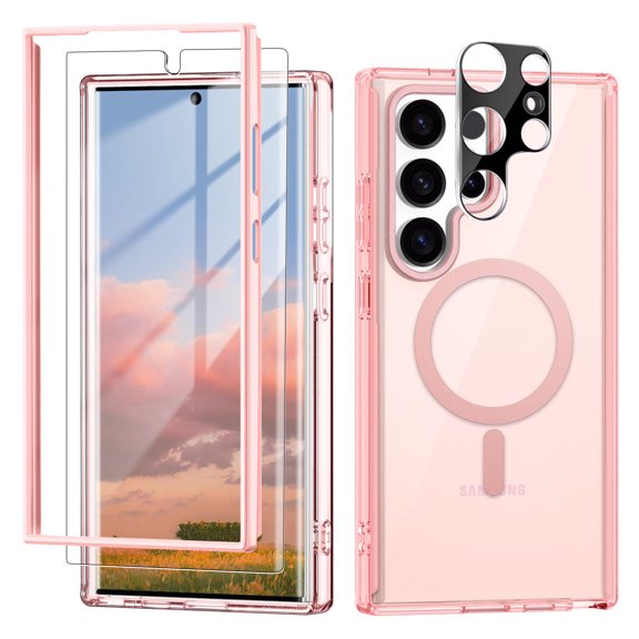 Dteck for Samsung Galaxy S24 Ultra Case Clear, Anti-Yellowing S24 Ultra Case with Tempered Glass Screen Protector+ Camera Lens Protector, Magnetic Phone Case for Galaxy S24 Ultra,Pink