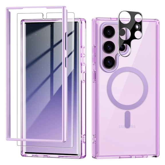Dteck for Samsung Galaxy S24 Ultra Case Clear, Anti-Yellowing S24 Ultra Case with Tempered Glass Screen Protector+ Camera Lens Protector, Magnetic Phone Case for Galaxy S24 Ultra,Purple