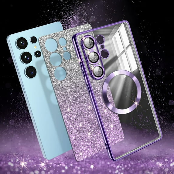 Dteck for Samsung Galaxy S24 Ultra Case, Compatible with MagSafe, Clear Glitter Gradient Sparkle Plating Soft TPU Bumper Magnetic Case Full Camera Lens Protector for Samsung Galaxy S24 Ultra,Purple