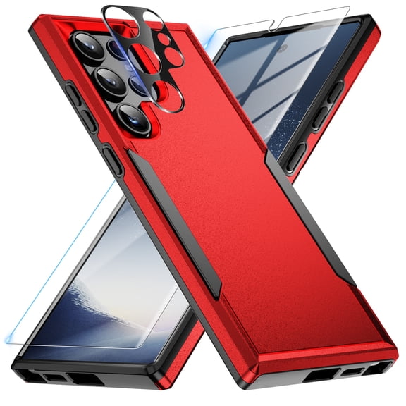 Dteck for Samsung Galaxy S24 Ultra Case, Full Body Heavy Duty Rugged Shockproof Protective Phone Cover with Tempered Glass Screen Protector and Camera Lens Cover,Red+Black