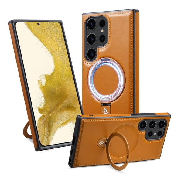 Dteck for Samsung Galaxy S24 Ultra Case with Magnetic Invisible Ring Stand,Leather Business Phone Case for Samsung S24 Ultra Compatible with Mag Safe Shockproof Classic Slim Cover for Women Men,Brown