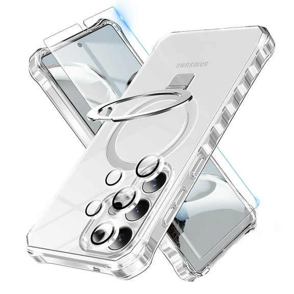 Dteck for Samsung Galaxy S24 Ultra Case with Screen Protector [Auto Alignment Kit], Slim Clear Back Shockproof Full Body Phone Cover with Ring Stand Camera Lens Cover for Samsung Galaxy S25 Ultra