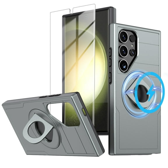 Dteck for Samsung Galaxy S24 Ultra Case with Screen Protector, Ring Stand Magnetic Case Compatible with MagSafe,Military-Grade Phone Case for Samsung S24 Ultra,Gray