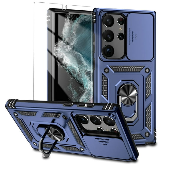 Dteck for Samsung Galaxy S24 Ultra Case with Screen Protector, Sliding Camera Protection Rotated Ring Kickstand Military Grade Shockproof Protective Cover for Samsung Galaxy S24 Ultra 5G,Blue