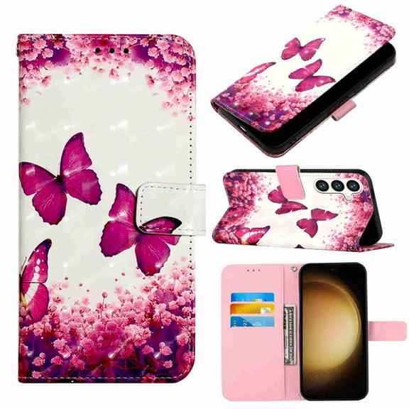 Dteck for Samsung Galaxy S24 Ultra Case, Shockproof Magnetic 3D PU Leather Wallet Flip Protective Phone Case with Wrist Strap Card Slots Holder Pocket Cover, Rose Butterfly